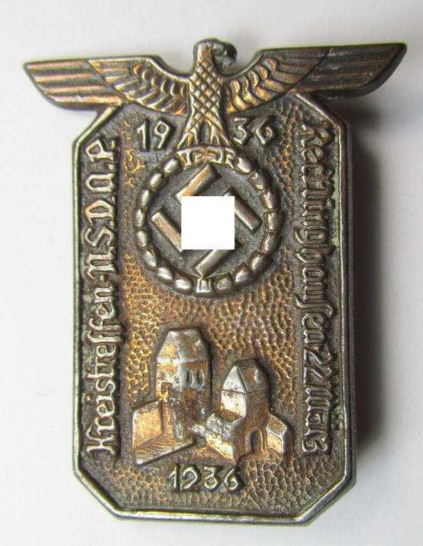 Commemorative - copper-based- and/or copper-coloured - N.S.D.A.P.-related 'tinnie', being a non-maker marked example, depicting an eagle-device resting on a swastika surrounded by the text: 'Kreistreffen N.S.D.A.P. - Recklinghausen - 22 März 1936' 