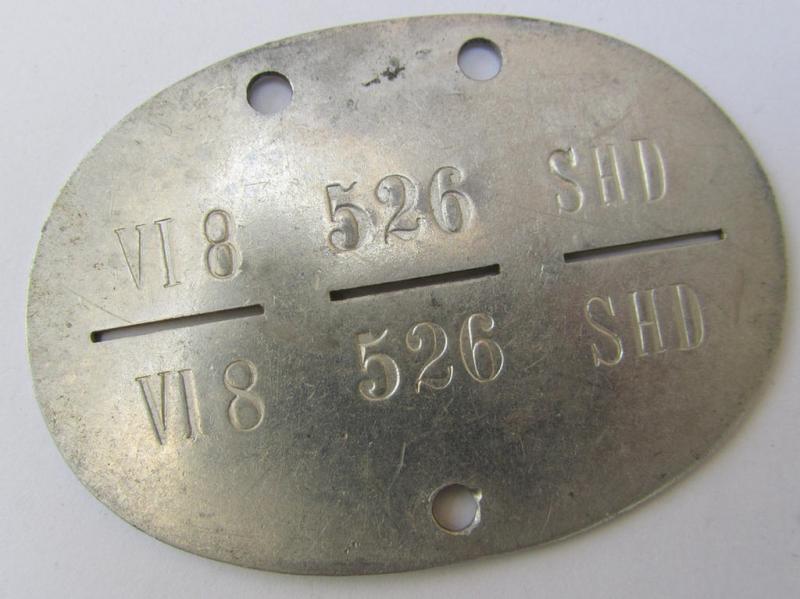Attractive - and with certainty not that often encountered! - aluminium-based-, 'Sicherheits- u. Hilfsdienst'- (ie. SHD-) related- ID-disc, bearing the stamped unit-designation: 'VI 8 526 SHD', in overall nice (albeit moderately used ie. worn-) condition
