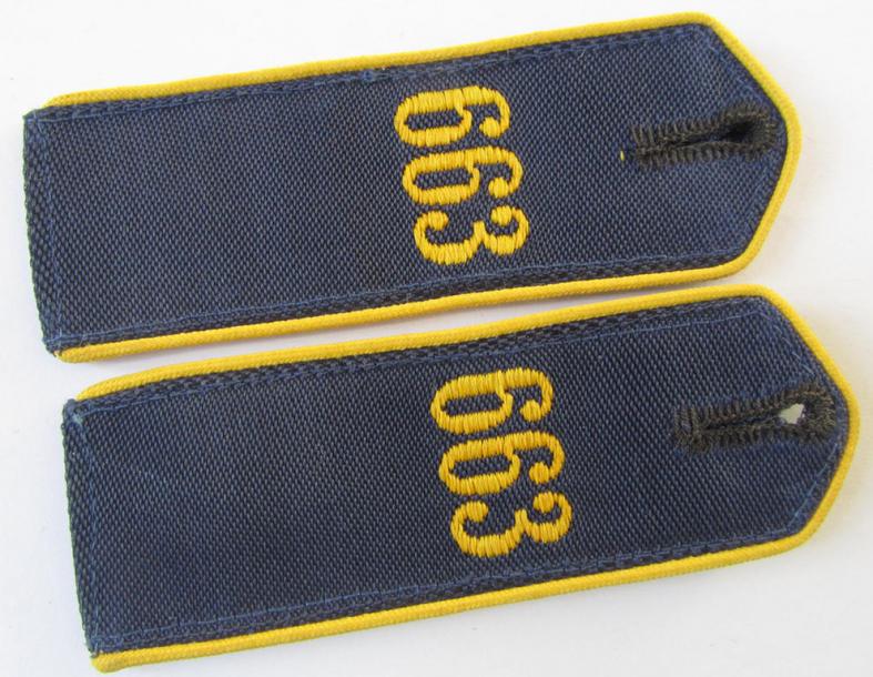 Neat - and/or fully matching! - pair of so-called: 'Marine-HJ' (ie. naval 'Hitlerjugend') shoulderstraps, as was intended for usage by a: 'Hitlerjunge' who was attached to the: 'Bann 663' (Bann 663 = Litzmannstadt/Wartheland)