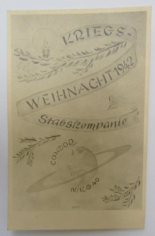Attractive - and with certainty unusually encountered! - WH (Luftwaffe- ie. Condor-related-), commemorative postcard entitled: 'Kriegsweihacht 1942 - Stabskompanie des IV./K.G.40' (or 4th 'Staffel' of the 'Kriegs-Geschwader 40') 