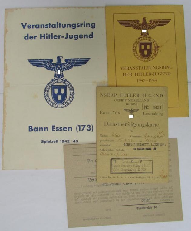 Very nice - and rarely encountered! - 4-pieced Luxemburg- (ie. BDM-) related ID-card-grouping comprising of a: 'BDM-Dienstbeteilungskarte', a: 'Teilnehmer- ausweis' (and more), all 4 items as issued to the: 'BDM-Oberscharführer', Armgard Seher