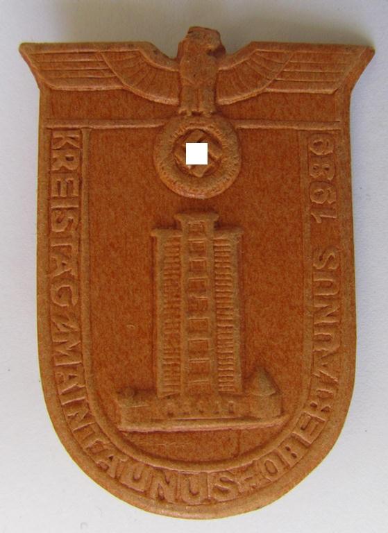 Commemorative - carton-based- and/or orange-coloured - N.S.D.A.P.-related 'tinnie', being a non-maker marked example, depicting a tower with above the Reichsadler surrounded by the text: 'Kreistag Main-Taunus-Obertaunus 1939'