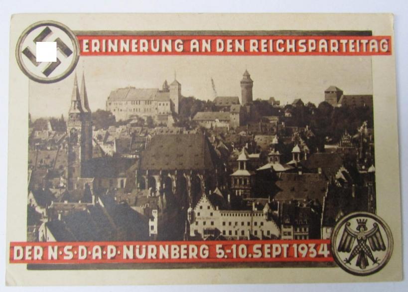 Attractive - and scarcely encountered! - semi-colourfull- ie. N.S.D.A.P.-related-, commemorative-, period-postcard entitled: 'Erinnerung an den Reichsparteitag der N.S.D.A.P. - Nürnberg 5.-10. Sept. 1934' 