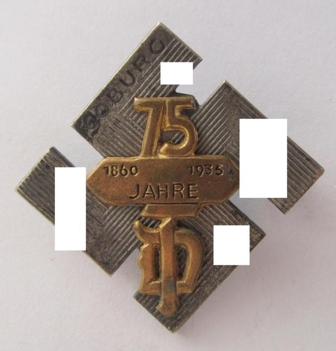 Commemorative- and/or: IMO 'Buntmetall'-based- 'tinnie', being a neatly maker- (ie. 'C. Poellath'-) marked example, depicting a swastika-sign mentioning the region: 'Coburg' upon which a golden-toned label with the text: '75 Jahre - 1860 - 1936 - TD'
