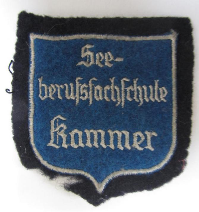 Superb - and with certainty very rarely encountered! - Marine-HJ (ie. 'Marine-Hitlerjugend') arm-badge (aka: 'Ärmelabzeichen') depicting the embroidered text: 'Seeberufsfachschule Kammer'