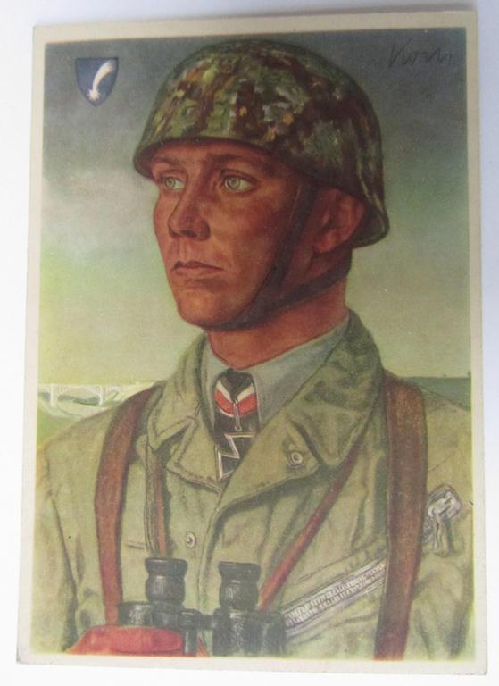 Neat, period- and/or colourfull, so-called: 'Willrich'-type-, picture-postcard from the famous series: 'Unsere Luftlandetruppen', depicting the 'Fallschirmjäger u. Major' Koch that comes in a virtually mint- ie. unissued condition