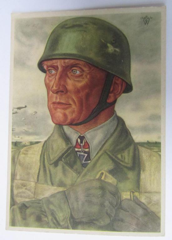 Neat, period- and/or colourfull, so-called: 'Willrich'-type-, picture-postcard from the famous series: 'Unsere Luftlandetruppen', depicting the 'Fallschirmjäger u. Oberst' Bräuer that comes in a virtually mint- ie. unissued condition