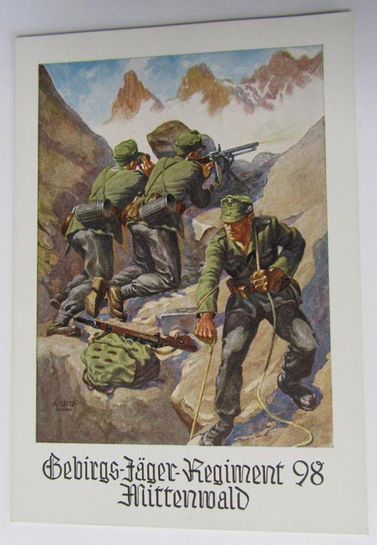 Attractive - and scarcely encountered! - semi-colourfull- (ie. WH (Heeres) 'Gebirgs- jäger'-related-), commemorative-, period-postcard showing a painting and being entitled: 'Gebirgs-Jäger-Regiment 98 - Mittenwald' 