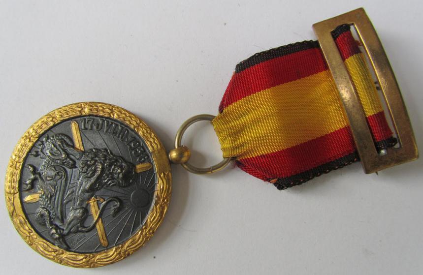 Spanish-issued, Spanish Civil War commemorative-medal called: 'Medalla de la Campaña 1936-1939' that comes mounted on its (typically Spanish) mounted ribbon as issued and/or worn