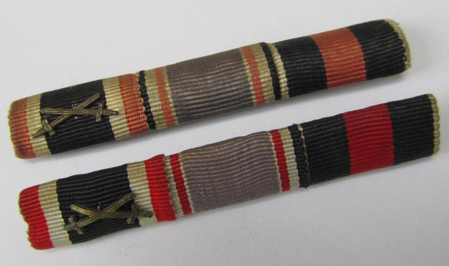 Attractive, 2-pieced 'grouping' comprising of two 3-pieced-, WWII-period ribbon-bars (ie. 'Feld- o. Bandspangen') each showing the ribbons for a: 'KvK II. Kl. m. Schw.', a: 'Luftschutz-Ehrenzeichen 2. Stufe' and a: Czech 'Anschluss'-medal