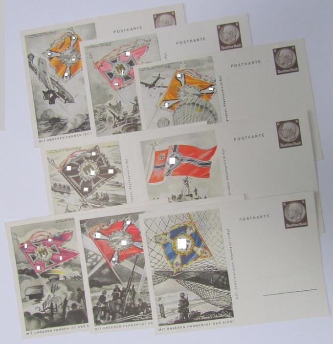 Attractive - and actually scarcely seen! - 8-pieced set, comprising of eight, colourfull and period postcards originating from the famous: 'Mit unseren Fahhen ist der Sieg!'-series