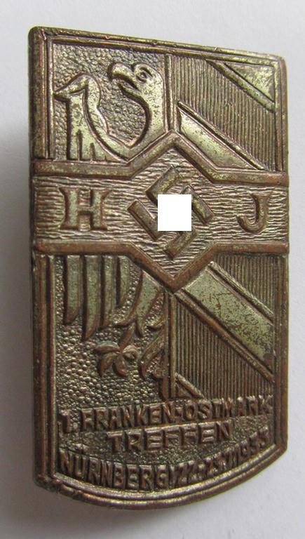 Very attractive - and actually rarely encountered! - HJ (ie.'Hitlerjugend') related 'tinnie' (ie. 'Veranstaltungsabzeichen'), being a non-maker-marked example, showing the text: '1. Franken-Ostmark Treffen, München, 22.23.7.1933'