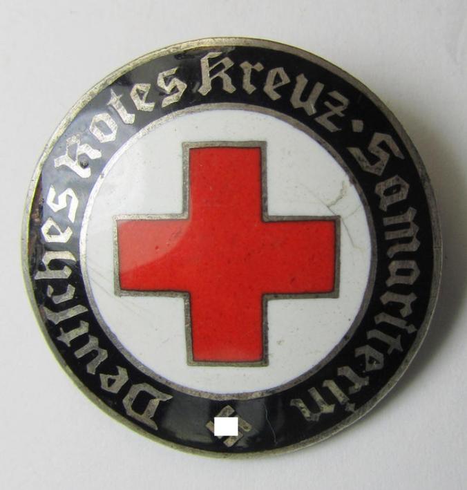 Neat - and actually scarcely encountered! - DRK (ie. 'Deutsches Rotes Kreuz' or German Red Cross) so-called: nurses'-badge entitled: 'Samariterin', being an attractive and patent-pending- (ie. 'Ges.Gesch.'-) marked example
