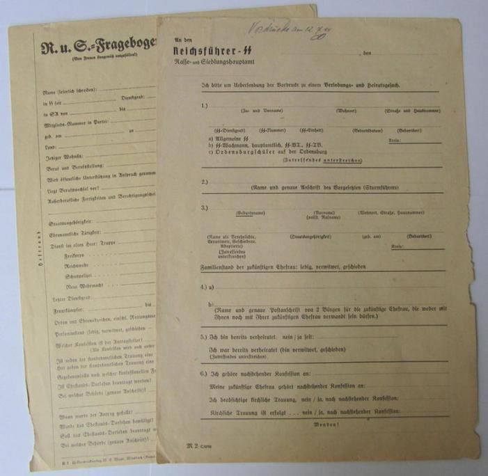 Neat - and never before encountered! - SS- (ie. 'Waffen-SS'-related-) 'file' (ie. 'Fragenbogen') as was intended for the: 'Rasse u. Siedlungshauptamt' ('R.u.S.') that comes in an overall very nice (ie. non-filled-in-), condition