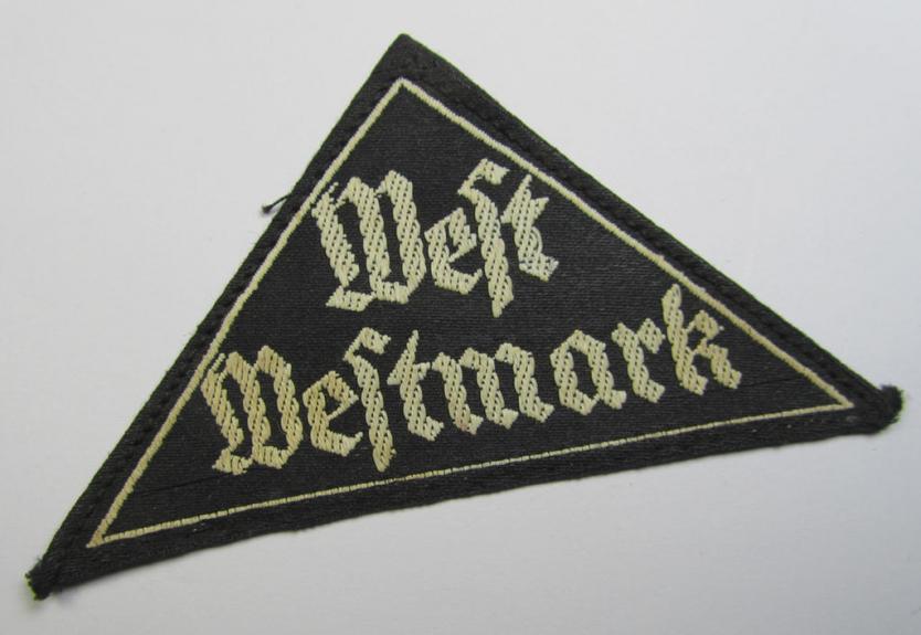 Neat, 'HJ' ('Hitlerjugend') ie. 'BDM' ('Bund Deutscher Mädel') district-triangle (ie. 'Gebietsdreieck') entitled: 'West Westmark'