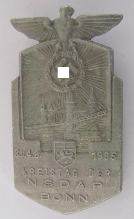 Neat, commemorative- and/or aluminium-based-, silver-coloured - N.S.D.A.P.-related 'tinnie', being a maker- (ie. 'A.Simon - Limperich b. Bonn'-) marked example showing the text: 'Kreistag der N.S.D.A.P. - Bonn - 3.-4.8.1935'