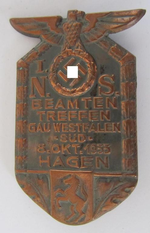 Neat, commemorative- and/or copper-based-, bronze-coloured - N.S.D.A.P.-related 'tinnie', being a non-maker-marked example showing the text: 'I. N.S. Beamtentreffen - Gau Westfalen Süd - 8.Oktober 1933 - Hagen'