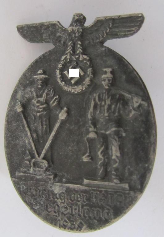 Neat, commemorative- and/or aluminium-based-, silverish-black-coloured - N.S.D.A.P.-related 'tinnie', being a maker- (ie. 'Hillebrand u. Bröer'-) marked example showing the text: 'Kreistag der N.S.D.A.P. - Siegerland - 1939'