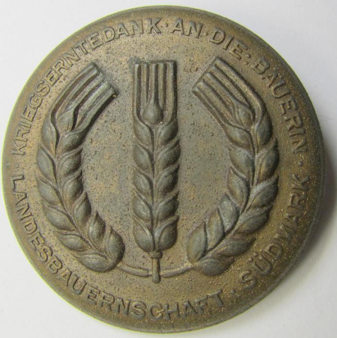 Attractive, so-called: 'Reichsnährstand'- (ie. 'RNSt.'-) related commemorative brooch ('Brosche') being a maker- (ie. 'C. Poellath'-) marked example showing the text: 'Kriegserntedank an die Bauerin - Landesbauernschaft Südmark'