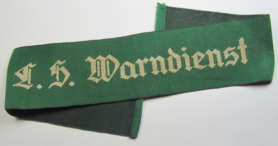 Attractive, linnen-based- and/or bright-green-coloured cuff-title (ie. 'Ärmelstreifen') depicting the text: 'L.S. Warndienst', as was intended for staff-members of the German RLB (ie. 'Reichsluftschutz-Bund')