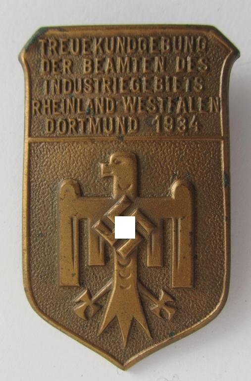 Attractive, DAF- (ie. 'Deutsches Arbeitsfront') related day-badge (ie. 'tinnie'), as was issued to commemorate the: 'Treuekundgebung der Beambten des Industriegebiets Rheinland-Westfalen 1934'