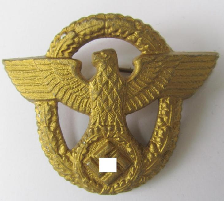 Bright-golden-toned- and/or 'Feinzink'-based, 'Polizei'-visor-cap eagle, being a maker- (ie. 'G.W.41'-) marked example, as was intended for usage on the various: 'Wasserschützpolizei' (or: general-officers') visor-caps (ie. 'Schirmmützen'