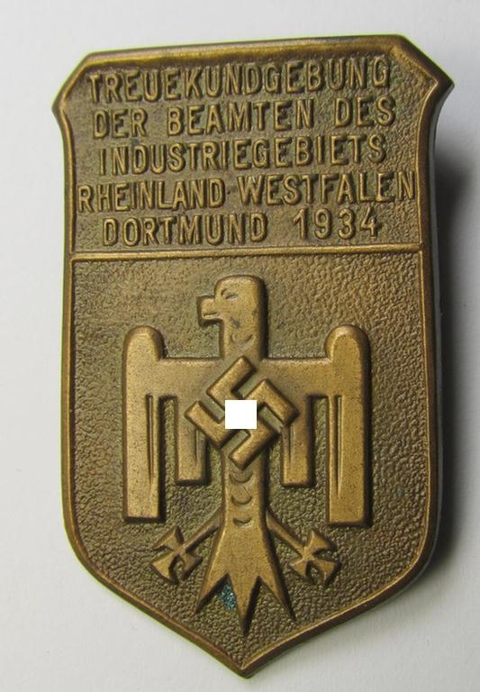 Copper-based, 'Beamten-Bund'-related day-badge (ie. 'tinnie'), as was issued to commemorate a gathering ie. rally entitled: 'Treuekundgebung der Beambten des Industriegebiets Rheinland-Westfalen - Dortmund 1934'