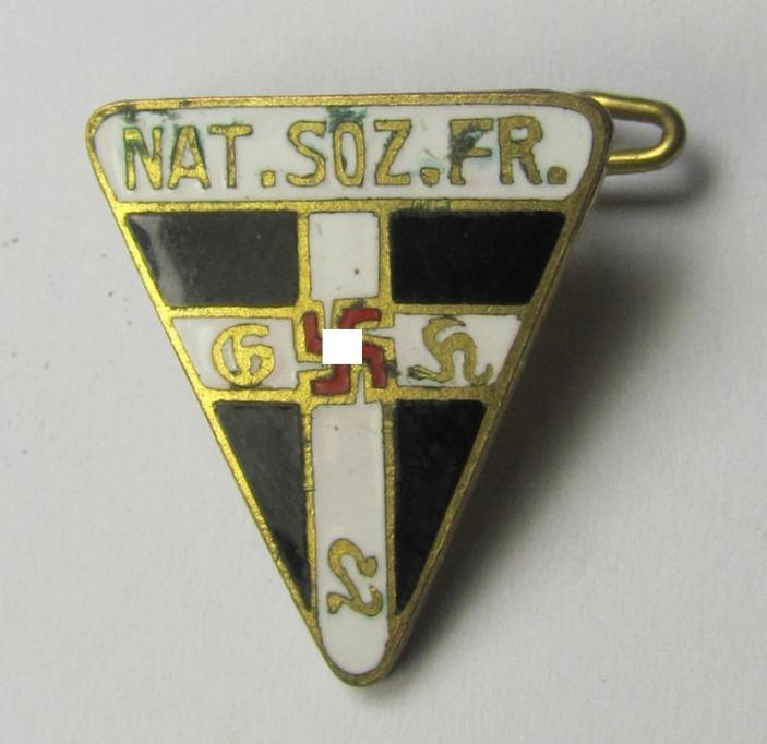 'NS-Frauenschaft'-membership-badge (ie. 'Mitgliedsabzeichen'), being a 20-mm.-sized (ie. 'Halbminiatur') example of the fourth pattern that shows a: 'Ges.Gesch.'-patent-pending designation on its back