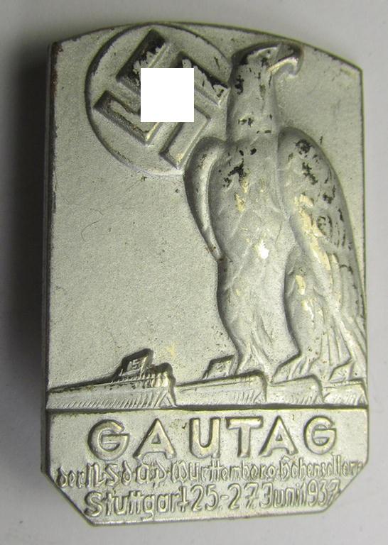 Commemorative, silver-toned-, 'N.S.D.A.P.'-related 'tinnie', being a non-maker-marked example, depicting an N.S.D.A.P.-party-eagle, swastika and text: 'Gautag der N.S.D.A.P. Württemberg - Hohenzollern - Stuttgart - 25.-27. Juni 1937'