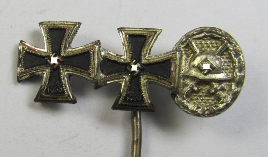 Detailed, 9-mm.-sized medal-lapel-pin, being a maker- (ie. 'L/57'-) marked example depicting respectively: an 'EK I. Klasse', an: 'EK II. Klasse' and a: 'Verwundeten-Abzeichen in Silber'