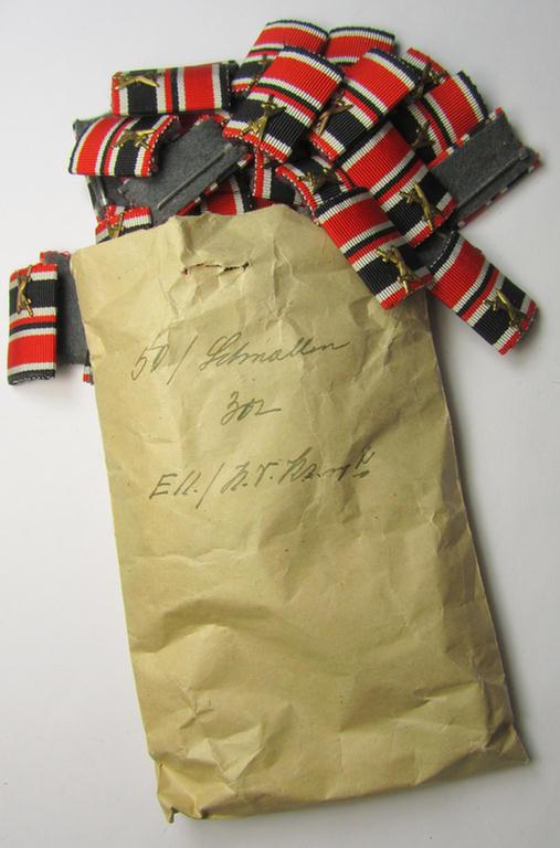 Two-pieced-, WH (Heeres, LW, KM etc.) medal-bar (ie. 'Band- o. Feldspange') showing respecively the ribbons for an: 'Eisernes Kreuz II. Klasse' and a: 'KVK II. Klasse mit Schwerter'