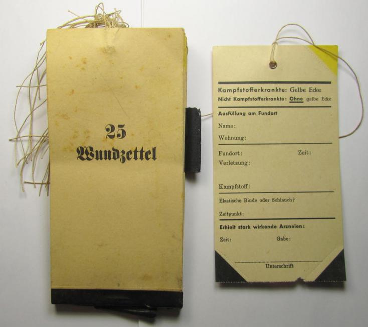Interesting - and most certainly not often encountered! - almost complete, WH (Heeres, Luftwaffe etc.) related medical wound-card-booklet (ie. 'Wundzettelbuch') entitled: '25 Wundzettel' (as being specifically intended for: 'Kampfstofferkrankte')