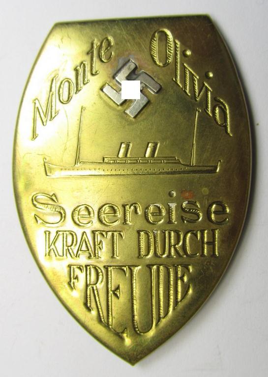 Commemorative - tin- (ie. copper-) based-, 'DAF'/'KDF'- (ie. 'Deutsches Arbeits Front'-) related 'tinnie', being a non-maker-marked example depicting an illusration of a cruise-ship and text: 'Monte Olivia - Seereise - Kraft durch Freude'