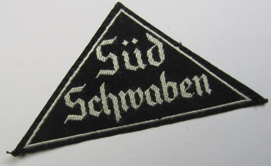Rarely seen HJ/BDM (ie. 'Hitlerjugend' or: 'Bund Deutsche Mädel') district-triangle (ie. 'Gebietsdreieck') entitled: 'Süd Schwaben' (being a 'virtually mint- ie. unissued' example that shows its period-attached 'RzM-etiket')