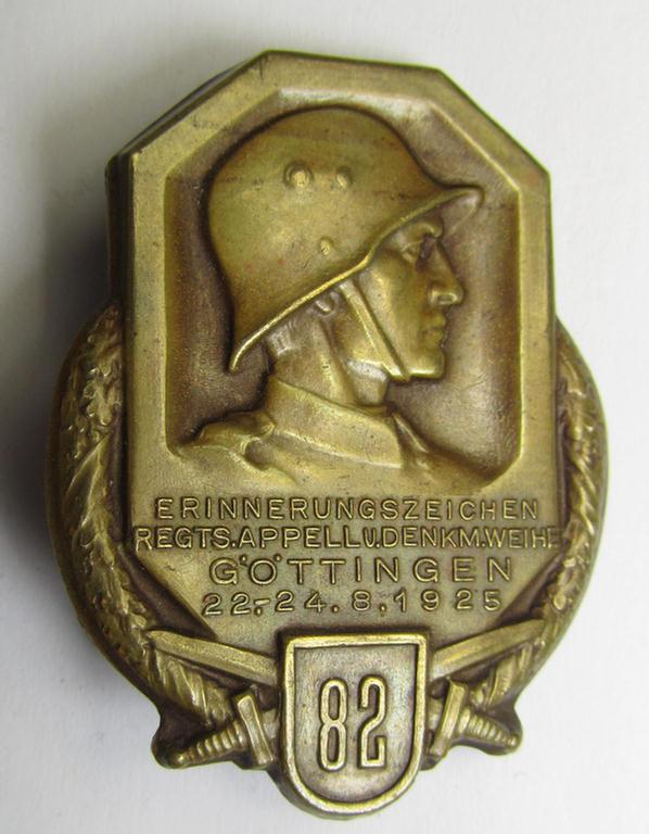 Golden-bronze-toned- and/or copper-based, pre-'Reichswehr'-related day-badge (ie. 'tinnie' or: 'Veranstaltungsabzeichen') as was issued to commemorate the: 'Regimentsapell u. Denkmalweihe - Göttingen - 22.24.-8-1920'