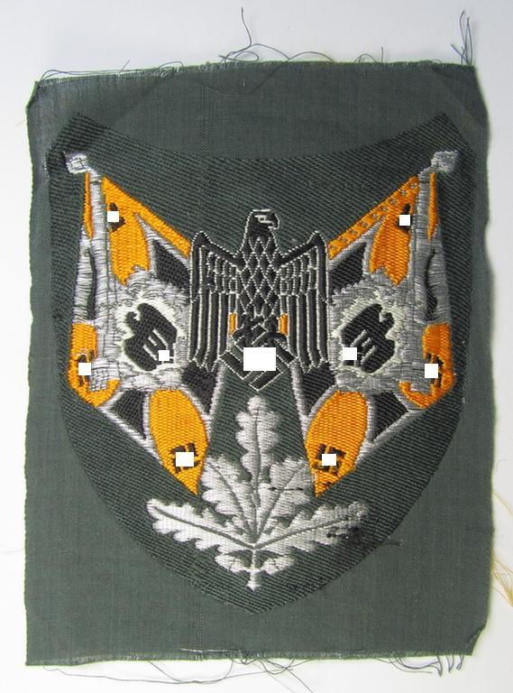 Superb - and in this branchcolour rarely encountered! - WH (Heeres), flat-wire- (ie. 'BeVo'-) woven 'Ärmelabzeichen für Fahnenträger' as was intended for a soldier who served within a: 'Kavallerie o. Panzer-Aufklärungs'-unit