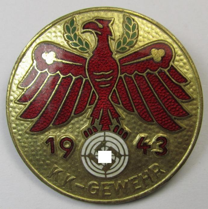 Multi-coloured enamelled - and truly very detailed! - so-called: 'Gauleistungsabzeichen 1943 in Gold des Standschützenverbandes Tirol-Vorarlberg' (as was awarded for the 'K.K.-Gewehr' (ie. 'Klein Kaliber-Gewehr')