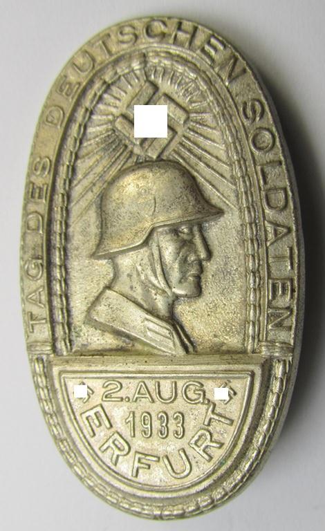 Attractive - and scarcely found! - early-period- and bright-silver-toned- (ie. tin-based) day-badge (ie. 'tinnie') as was issued to commemorate an: 'veteran-related'-gathering ie. rally entitled: 'Tag der Deutschen Soldaten - Erfurt - 2. Aug. 1933'