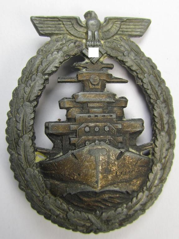 WH (Kriegsmarine) 'Flottenkriegsabzeichen' (or: high-sea fleet badge) being a typical zinc- (ie. 'Feinzink'-) based and/or (I deem) later-war-period version that is neatly maker- (ie. 'Fec. Adolf Bock') marked on its back