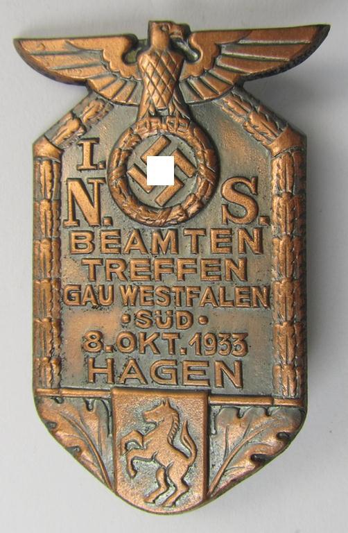 Attractive, (I deem) DAF- (ie. 'Deutsches Arbeitsfront') related day-badge (ie. 'tinnie'), as was specifically issued to commemorate the: 'I. N.S. Beambten Treffen - Gau Westfalen-Süd - 8. Okt. 1933 - Hagen'
