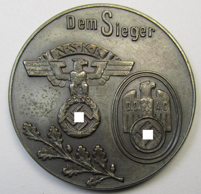 Superb, commemorative N.S.K.K.- ie. A.D.A.C.-plaque (ie. 'Erinnerungs- o. nichttragbare Auszeichnungsplakette') showing an N.S.K.K.-eagle- and A.D.A.C.-device and text: 'Dem Sieger - Huy-Geländefahrt - 1934'