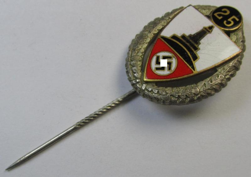 Honorary-membership lapel-pin (aka: 'Silberne Ehrennadel für 25 Jahre Mitgliedschaft im Deutscher Reichskriegerbund Kyffhäuser' (ie. 'D.R.K.B.') being a non-maker-marked example that bears a: 'Ges.Gesch.'-designation on its back