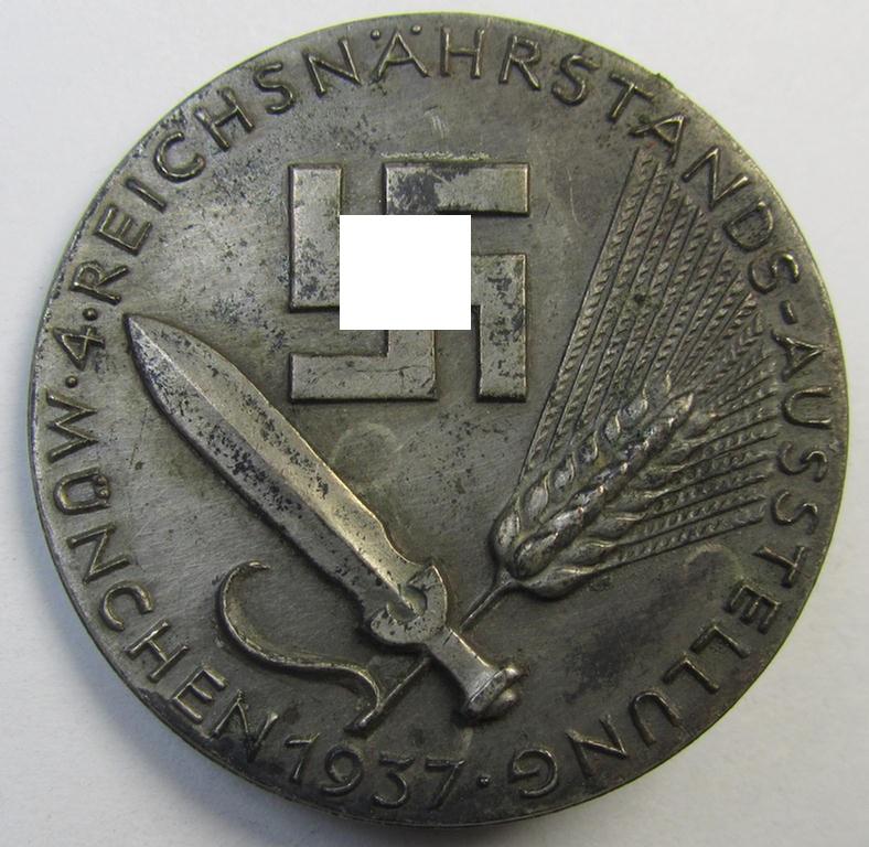 Fairly luxuriously-styled so-called: 'Reichsnährstand'- (ie. 'RNSt.'-) related day-badge (ie. 'tinnie') as was issued to commemorate an: 'RNSt.'-gathering ie. show entitled: '4. Reichnährstands-Austellung - München - 1937'