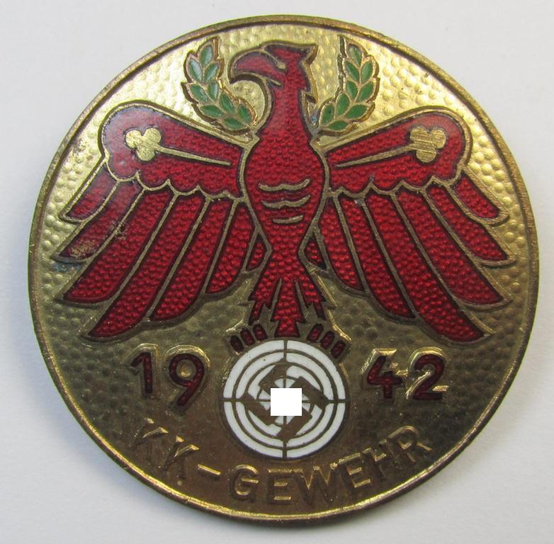 Neat, multi-coloured enamelled - and truly very detailed! - so-called: 'Gauleistungsabzeichen 1942 in Gold des Standschützenverbandes Tirol-Vorarlberg' (as was awarded for the 'K.K.-Gewehr' ie. 'Klein Kaliber-Gewehr')
