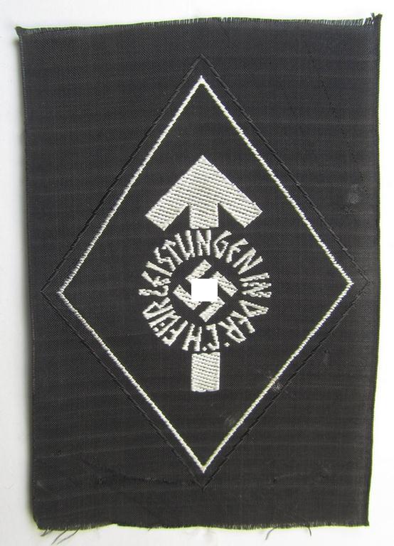 HJ/BDM- (ie. 'Hitlerjugend'/'Bund Deutscher Mädel'-) so-called: 'Leistungsabzeichen in Silber' (or: silver-class youth sports'-badge) being a cloth-version as executed in the neat: 'BeVo'-weave pattern that still retains its period 'RzM'-etiket