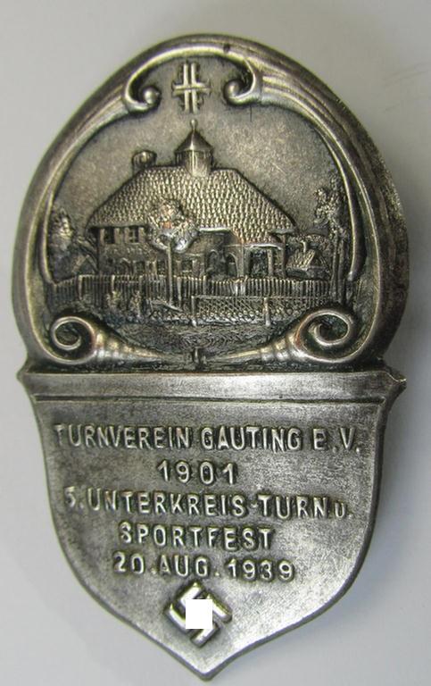 Attractive, (I deem) 'Deutscher Turnerbund'-related 'tinnie' being a non-maker marked example depicting a towns'-scene (and swastika-device) and text: 'Turnverein Gauting E.V. 1901 - 5. Unterkreis-Turn u. Sportfest - 20. Aug. 1939'