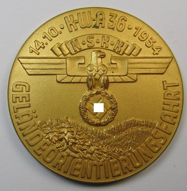 Superb, commemorative N.S.K.K.-related plaque (ie. 'Erinnerungs- o. nichttragbare Auszeichnungsplakette') showing an N.S.K.K.-eagle- device and text: 'K.W.A. 36 - Geländeorientierungsfahrt - 14.10.1934'