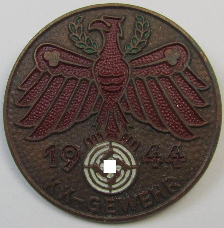 Later-war-period-, painted - but nevertheless detailed! - bronze-class shooting- ie. marksmans'-badge aka: 'Gauleistungsabzeichen 1944 in Bronze des Standschützenverbandes Tirol-Vorarlberg' (as was awarded for the 'KK-Gewehr')