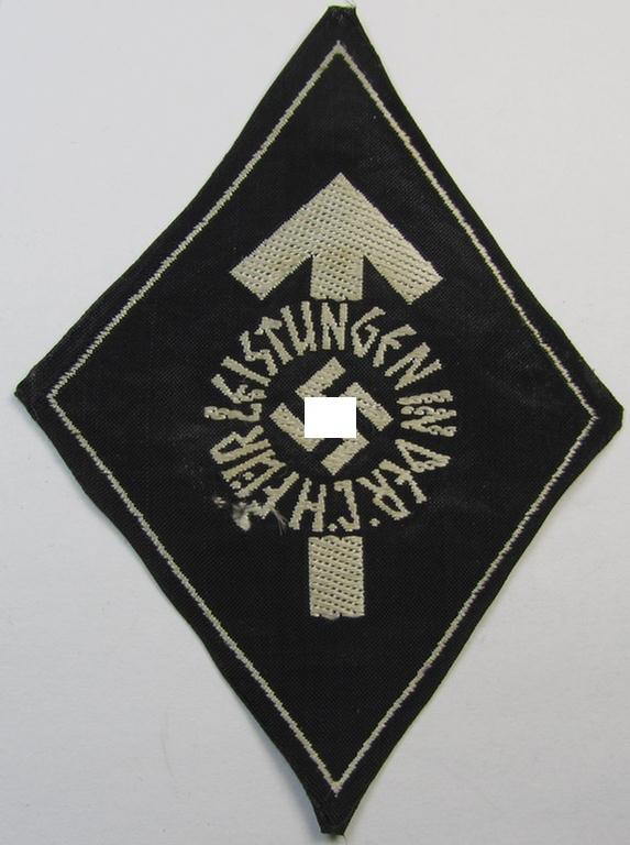 Neat, HJ/BDM- (ie. 'Hitlerjugend'/'Bund Deutscher Mädel'-) so-called: 'Leistungsabzeichen in Silber' (or: silver-class youth sports'-badge) being a cloth-version as executed in the neat: 'BeVo'-weave pattern
