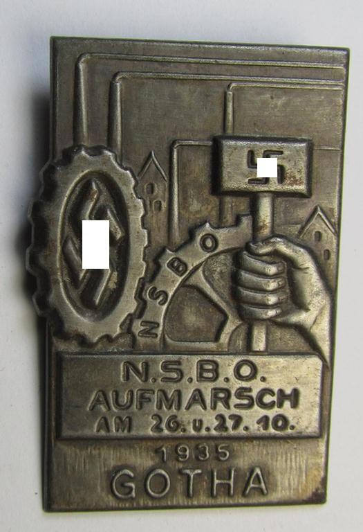 Commemorative DAF- (ie. 'Deutsches Arbeitsfront') ie. N.S.B.O.- (ie.: 'National-Sozialistischer Betriebszellen-Organisation'-) related day-badge (ie. 'tinnie') as issued to commemorate the: 'N.S.B.O. Aufmarsch am 16.u.27.10. 1935 - Gotha'